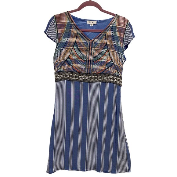 THML Blue Striped Embroidered Boho Cap Sleeve‎ Dress Size M - Picture 1 of 9